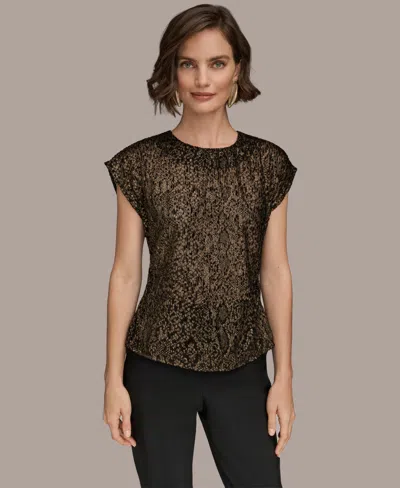DONNA KARAN WOMEN'S CAP SLEEVE METALLIC BURNOUT CREWNECK TOP