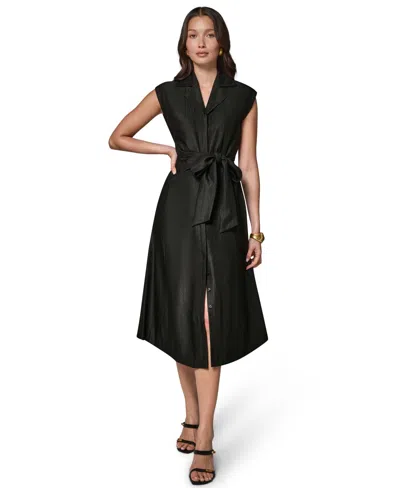 Donna Karan Women's Cap-sleeve Collared With Self-tie Belt Shirtdress In Black