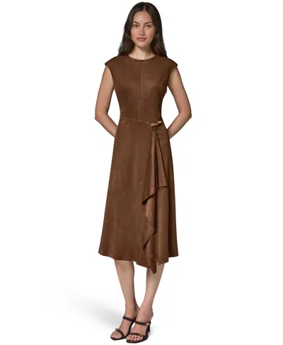 Donna Karan Women's Cap-sleeve Suede Midi Dress In Brown
