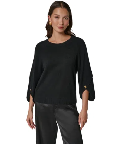 Donna Karan Women's Cashmere 3/4-sleeve Tulip Crewneck Sweater In Black