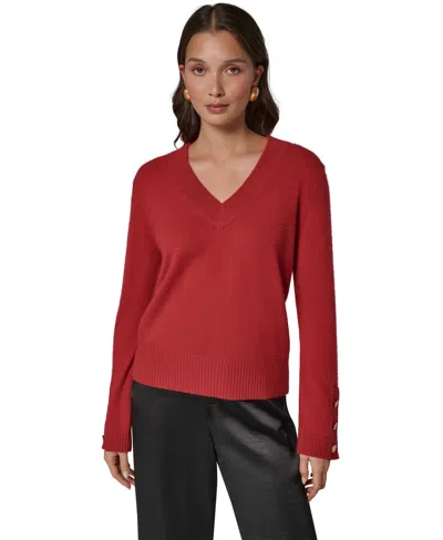 Donna Karan Women's Cashmere Long-sleeve V-neck Sweater In Red