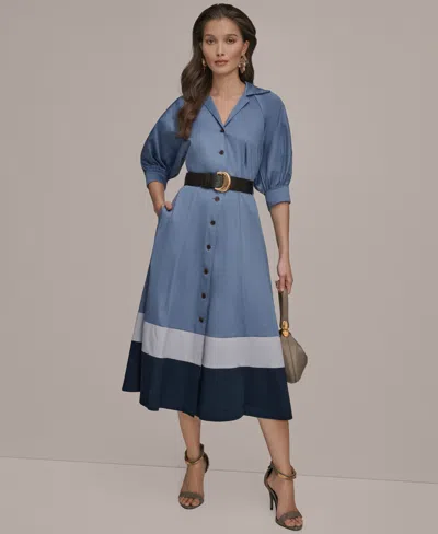 Donna Karan New York Belted Stretch Cotton Shirtdress In Blue