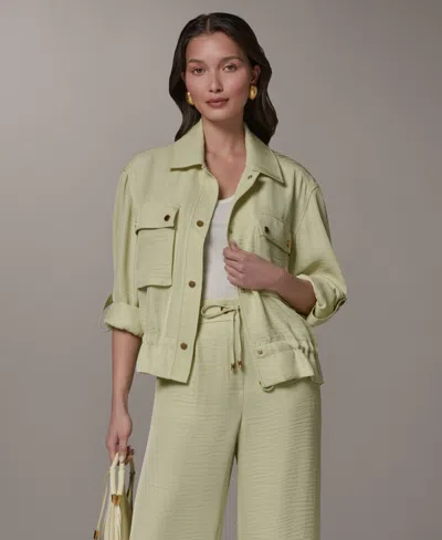 Donna Karan Womens Collared Jacket Ripple Wide Leg Pants In Green