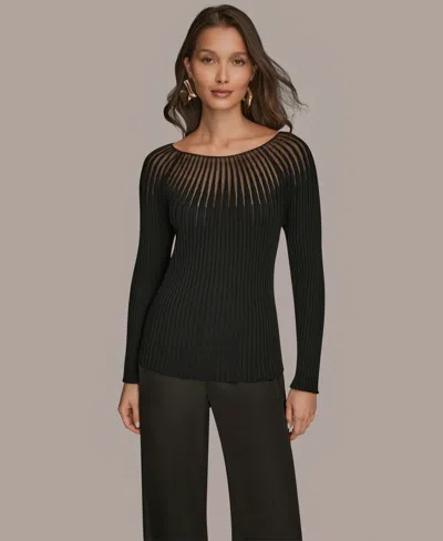 Donna Karan Women's Collared Knit Long Sleeve Boat Neck Sweater In Black