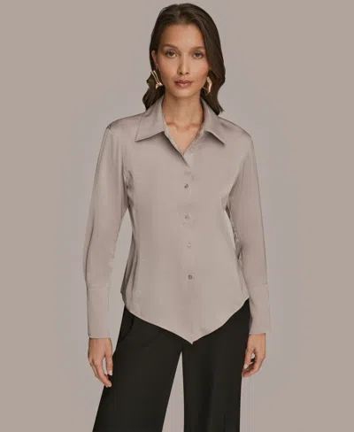 Donna Karan Women's Collared Long Sleeve Top In Gray