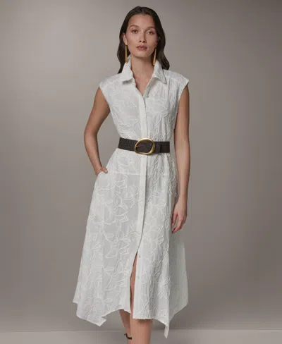 Donna Karan Womens Collared Neck Belted Midi Dress In White