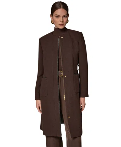 Donna Karan Women's Collarless Wool-blend Pleather Trim Coat In Brown