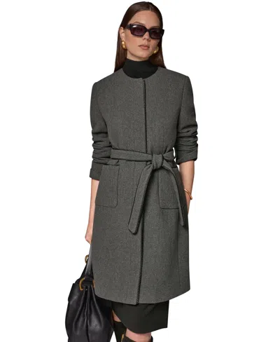 Donna Karan Women's Collarless Wool-blend Pleather Trim Coat In Gray