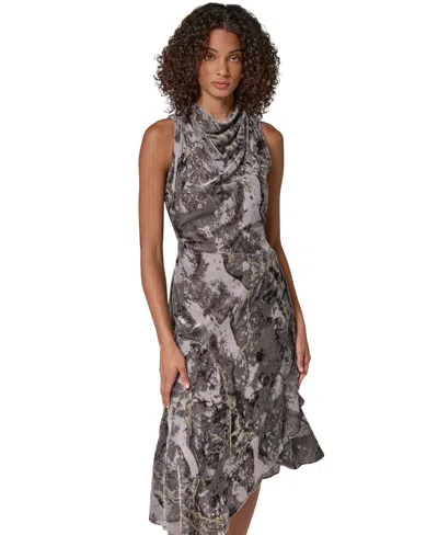 Donna Karan Women's Cowl Neck Burnout Velvet Asymmetrical Midi Dress In Gray
