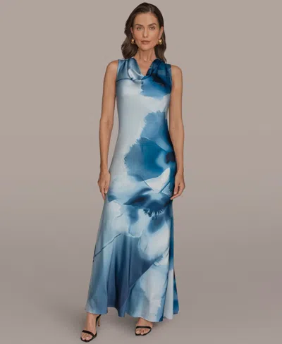 Donna Karan Printed Charmeuse Cowl Neck Gown In Blue