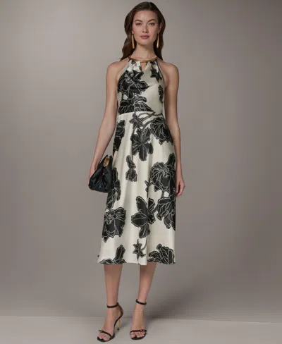 Donna Karan Women's Cowl Neck Halter Floral A-line Sleeveless Midi Dress In Black