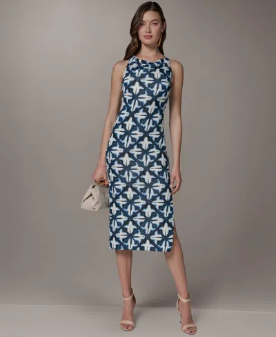 Donna Karan Women's Cowl Neck Sheath Sleeveless Printed Midi Dress In Blue