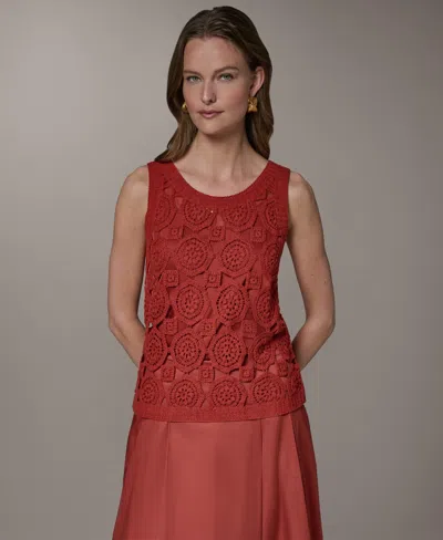 Donna Karan Women's Crewneck Crochet Shell Sweater In Red