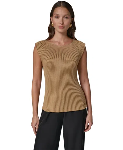Donna Karan Women's Crewneck Sleeveless Ribbed Pullover Sweater In Brown