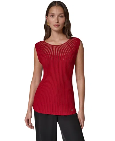 Donna Karan Women's Crewneck Sleeveless Ribbed Pullover Sweater In Red