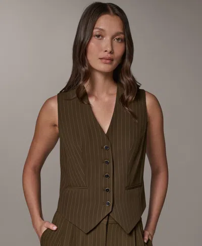 Donna Karan Women's Cropped Pinstripe Sleeveless Vest In Olive Brine,oatmilk