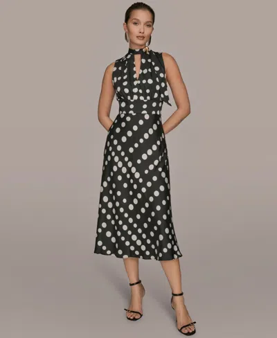 Donna Karan Women's Dot-print Tie-neck A-line Dress In Black