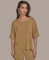 Donna Karan New York Metallic Short Sleeve Sweater In Brown