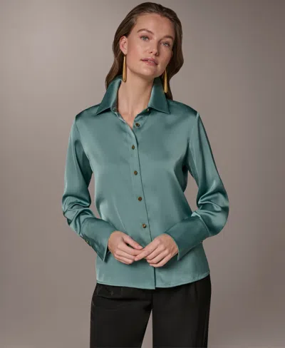 Donna Karan Women's Exposed Buttons Collared Blouse In Green