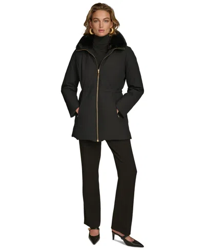 Donna Karan Women's Faux-fur-collar Short Puffer Coat In Black