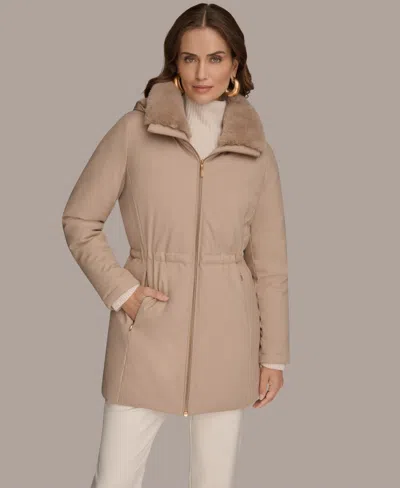 Donna Karan Women's Faux-fur-collar Short Puffer Coat In Brown