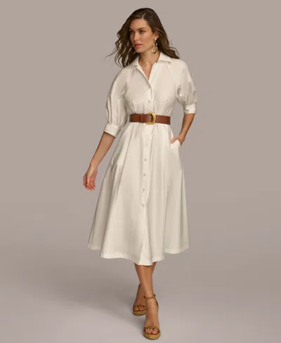 Donna Karan Belted A Line Midi Satin Dress In Cream