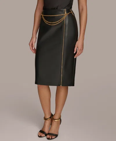 Donna Karan Women's Faux-leather Chain-trim Skirt In Black