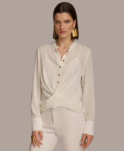Donna Karan Women's Faux-wrap Button-front Long-sleeve Top In Cream