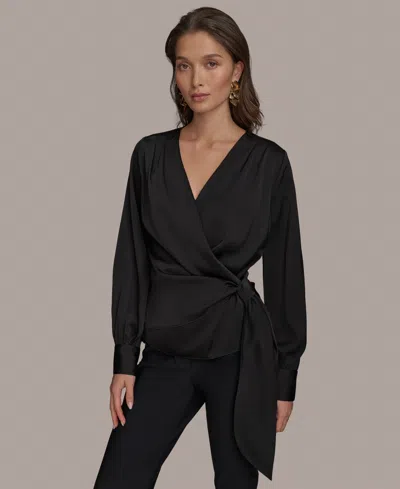 Donna Karan Women's Faux-wrap Long-sleeve Top In Black