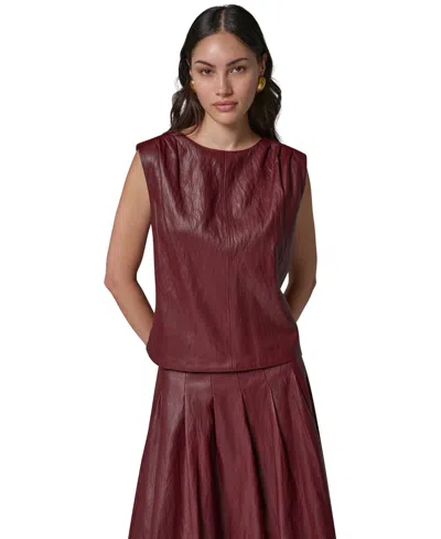Donna Karan Women's Faux-leather Sleeveless V-back Blouse In Burgundy