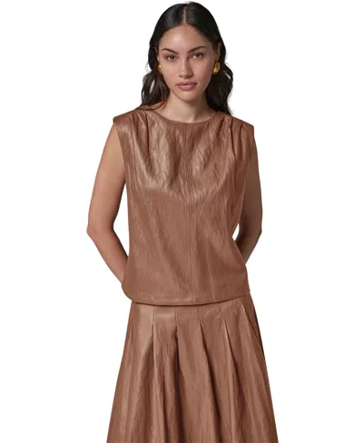 Donna Karan Women's Faux-leather Sleeveless V-back Blouse In Brown