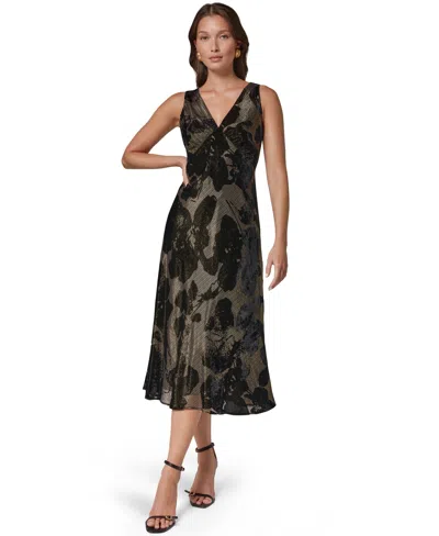 Donna Karan Women's Floral A-line Metallic Velvet Burnout Midi Dress In Black