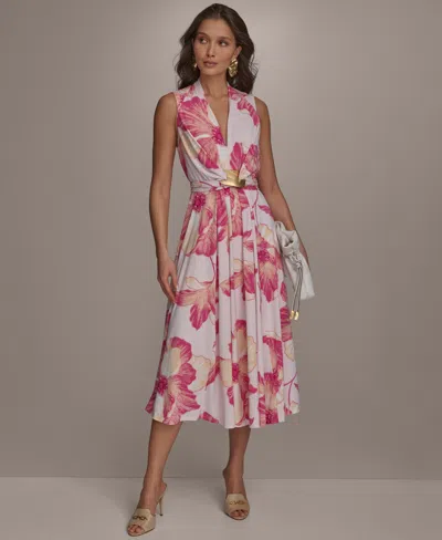 Donna Karan Plus Size Floral-print Belted Midi Dress In Misty Rose Pink