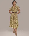Donna Karan New York Floral Short Sleeve Belted A-line Midi Dress In Neutral