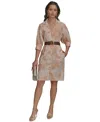 Donna Karan New York Belted Linen Blend Shirtdress In Scallop Shell,apricot Multi