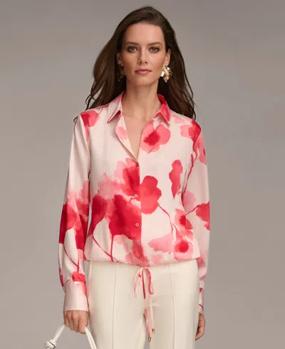 Donna Karan Women's Floral-print Drawstring-hem Shirt In Rose Quartz