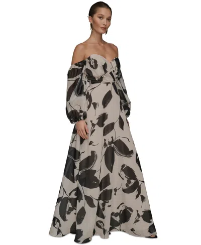 Donna Karan Women's Floral Print Sweetheart Neckline Puff Sleeve Gown In Gray