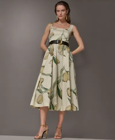 Donna Karan Sleeveless Square Neck Midi A Line Dress In Neutral