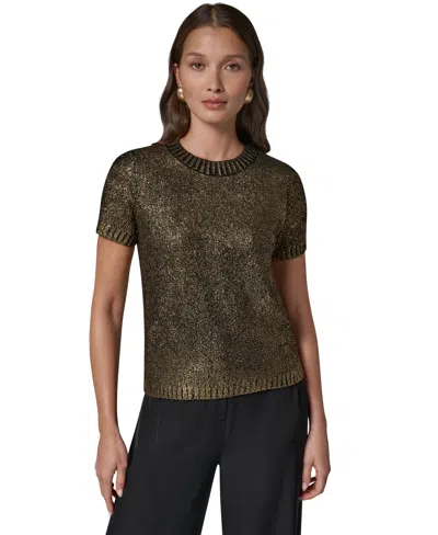Donna Karan Women's Foil Boucle Short-sleeve Crewneck Sweater In Brown