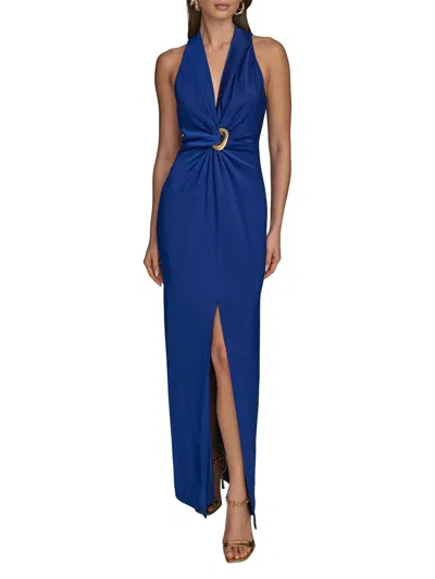 Donna Karan Women's Gathered Satin Sleeveless Gown In Blue