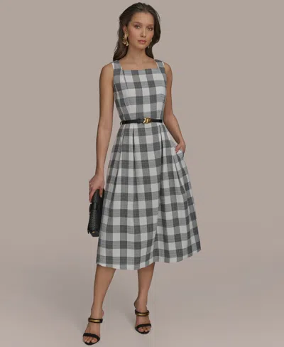 Donna Karan Women's Gingham-print Belted A-line Dress In Black Cream