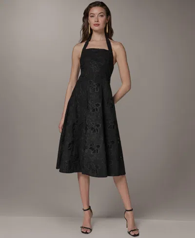 Donna Karan Women's Halter Fit & Flare Sleeveless Embroidered Midi Dress In Black
