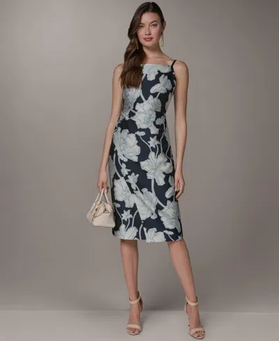 Donna Karan Women's Halter Jacquard Sheath Floral Sleeveless Midi Dress In Blue