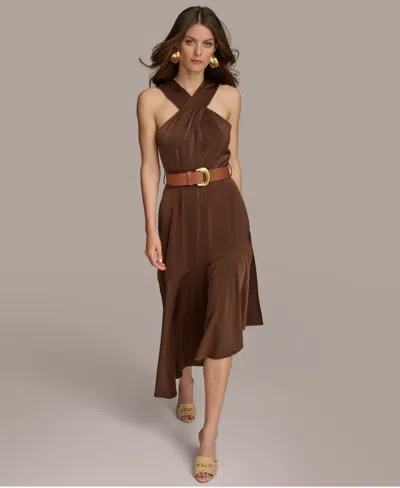 【Donna Karan New York】Halter Belted Midi Dress Donna Karan New York Women's Belted Halter A-Line Midi Dress