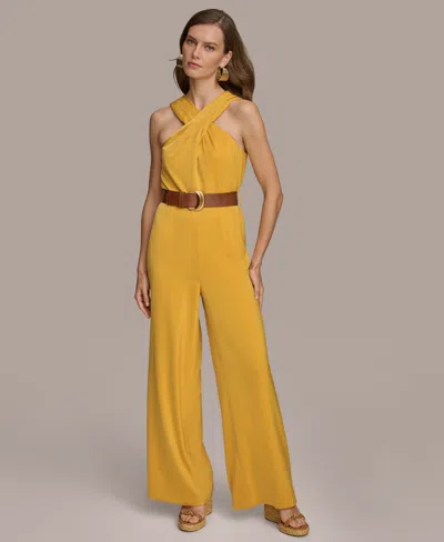 Donna Karan New York Belted Halter Wide Leg Jumpsuit In Golden Yellow