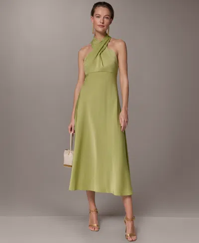 Donna Karan Sleeveless Satin Halter Neck Midi Dress In Green
