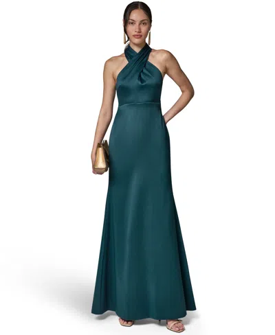 Donna Karan Women's Halter Neck Mikado Cross-front Gown In Green