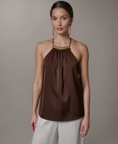 Donna Karan New York Sleeveless Satin Top In Brown