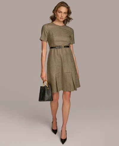 Donna Karan Women's Houndstooth Belted Short-sleeve Dress In Black Fawn
