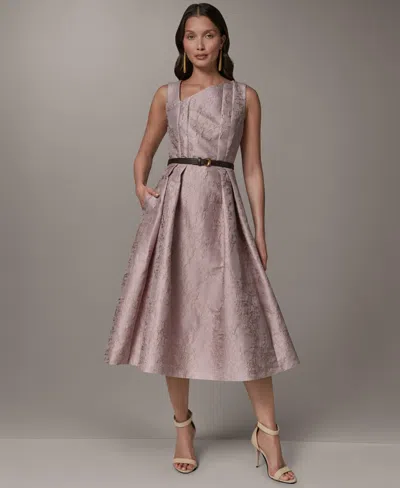 Donna Karan Women's Jacquard Asymmetrical Neck Fit & Flare Dress With Belt In Pink